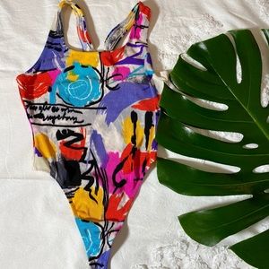 Vintage high cut Multi colored Thing One Piece
